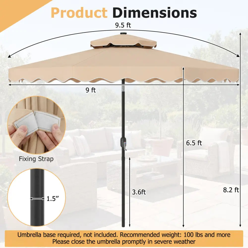 9 FT Solar LED Patio Umbrella Push-Button Tilt and Crank 24 LED Lights and 8 Ribs-Beige - Beige - Outdoor Umbrellas