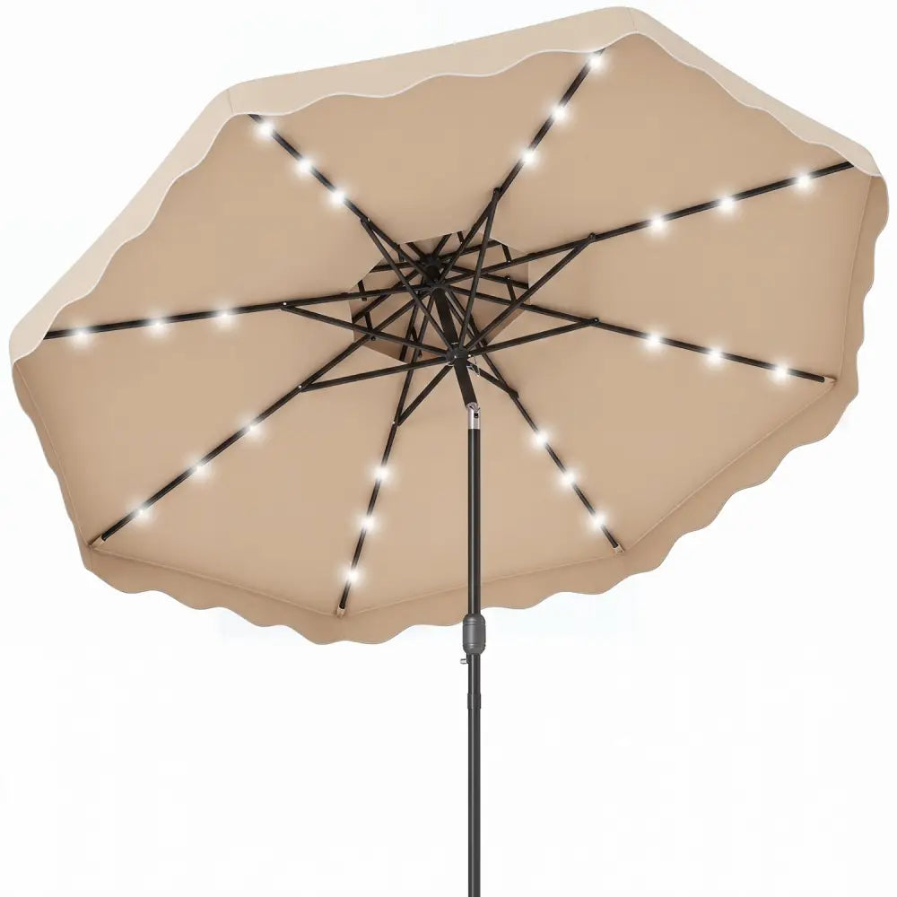 9 FT Solar LED Patio Umbrella Push-Button Tilt and Crank 24 LED Lights and 8 Ribs-Beige - Beige - Outdoor Umbrellas