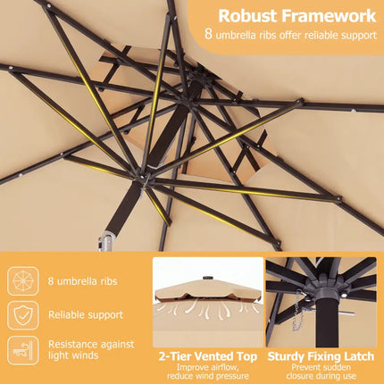 9 FT Solar LED Patio Umbrella Push-Button Tilt and Crank 24 LED Lights and 8 Ribs-Beige - Beige - Outdoor Umbrellas