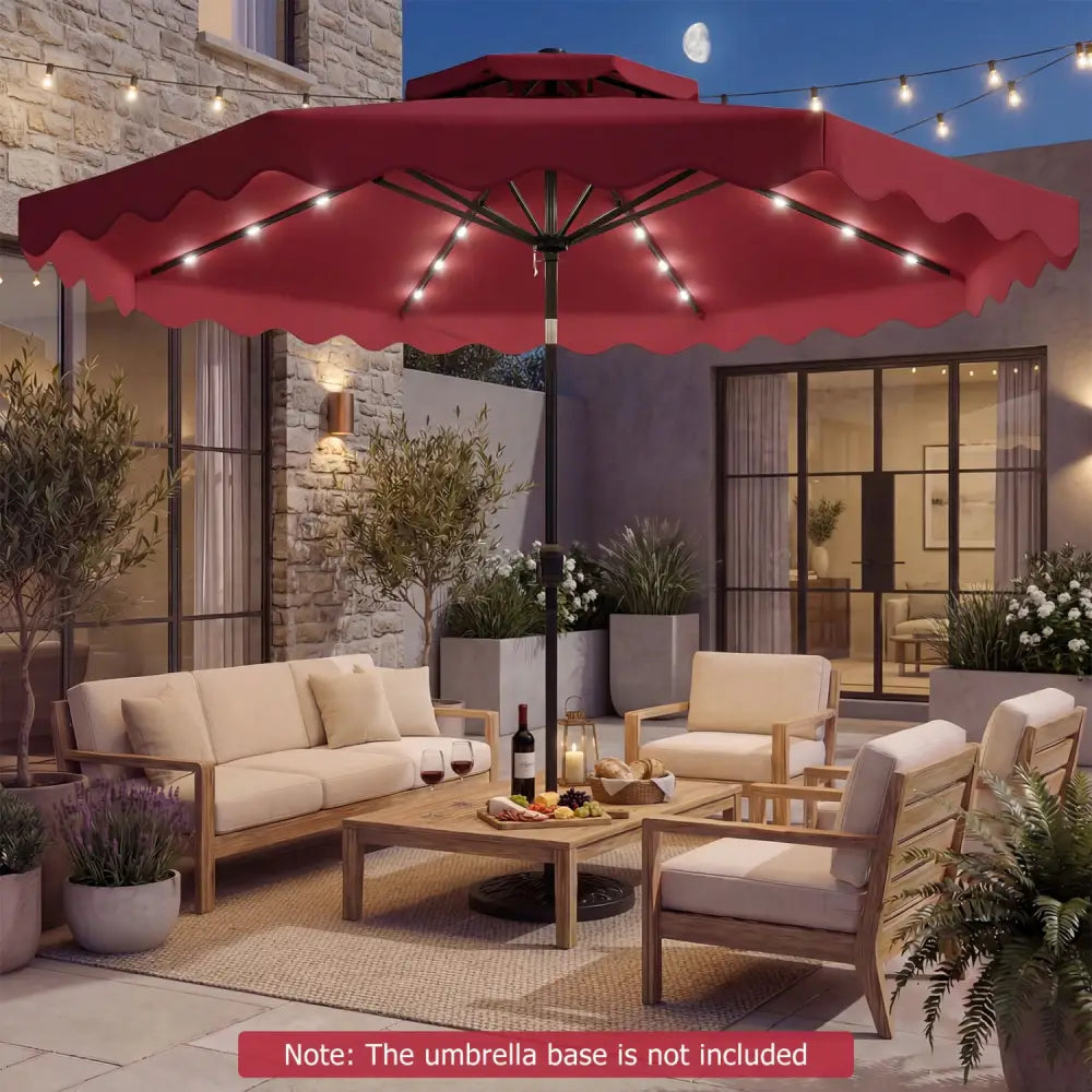 9 FT Solar LED Patio Umbrella Push-Button Tilt and Crank 24 LED Lights and 8 Ribs-Red - Red - Outdoor Umbrellas