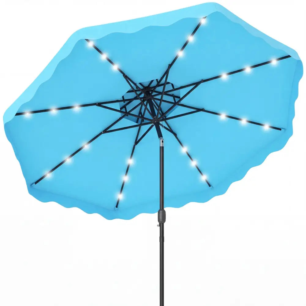 9 FT Solar LED Patio Umbrella Push-Button Tilt and Crank 24 LED Lights and 8 Ribs-Turquoise - Turquoise - Outdoor