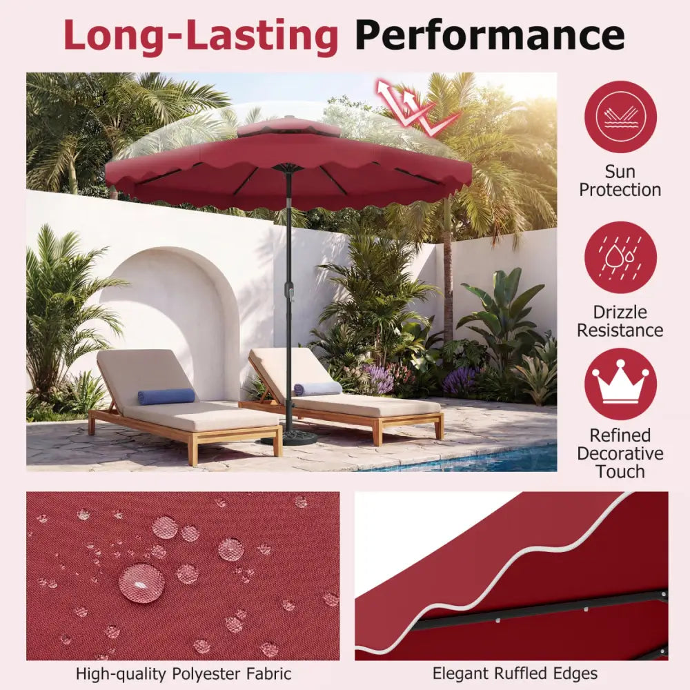 9 FT Solar LED Patio Umbrella Push-Button Tilt and Crank 24 LED Lights and 8 Ribs-Red - Red - Outdoor Umbrellas