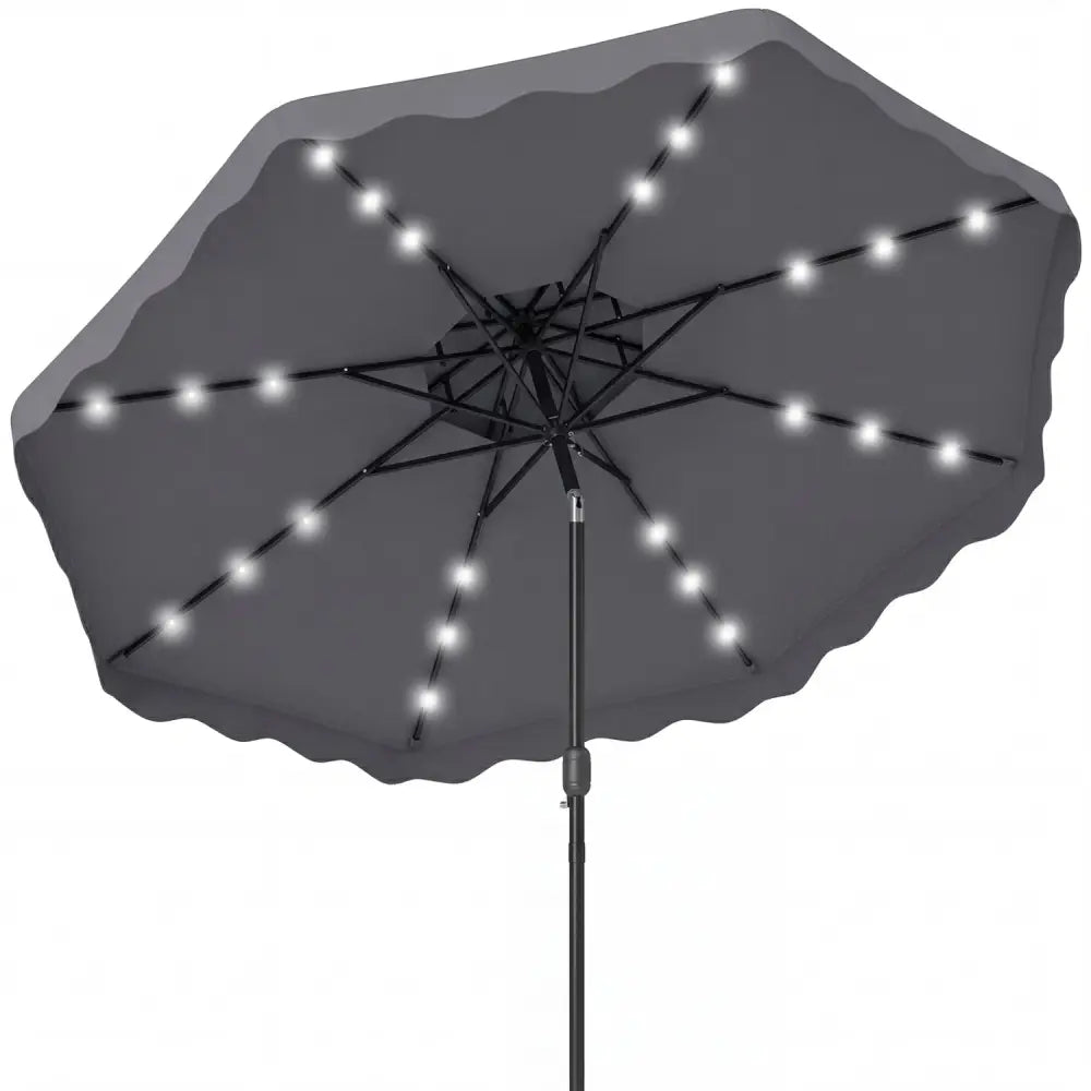 9 FT Solar LED Patio Umbrella Push-Button Tilt and Crank 24 LED Lights and 8 Ribs-Gray - Gray - Outdoor Umbrellas