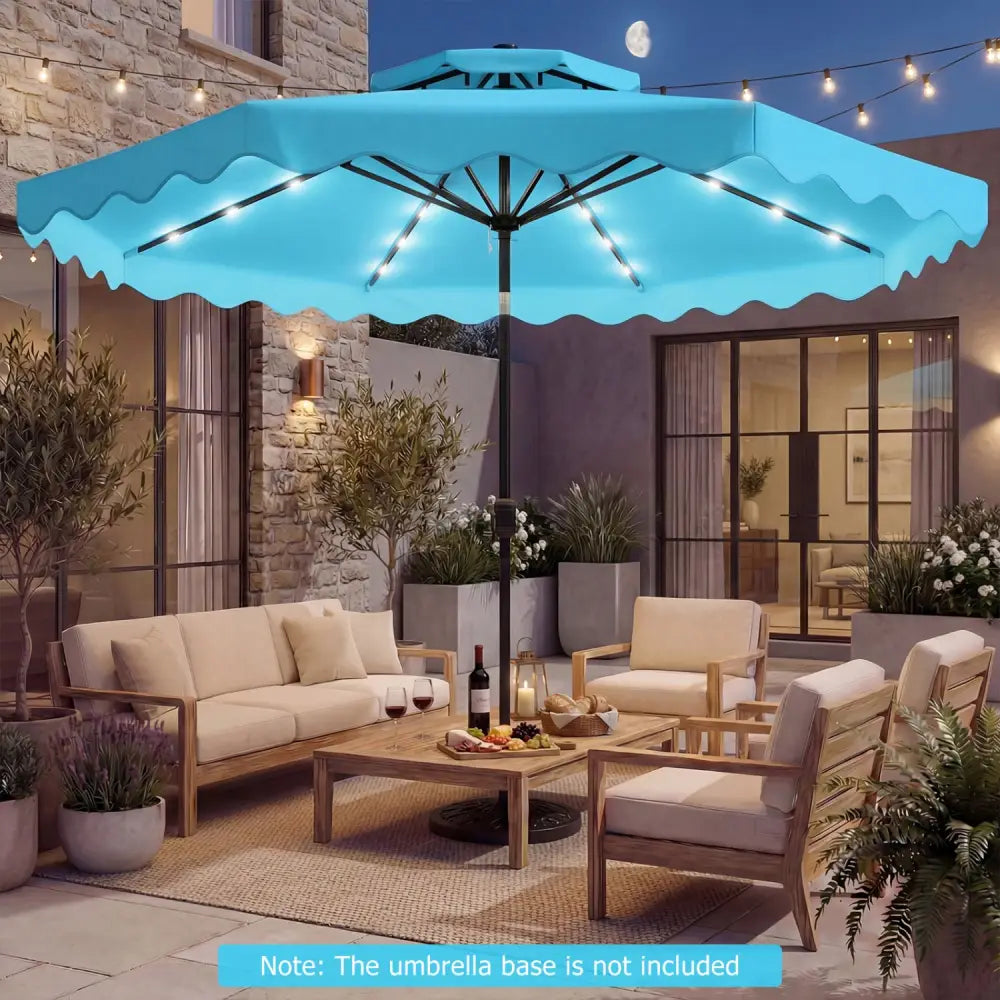 9 FT Solar LED Patio Umbrella Push-Button Tilt and Crank 24 LED Lights and 8 Ribs-Turquoise - Turquoise - Outdoor
