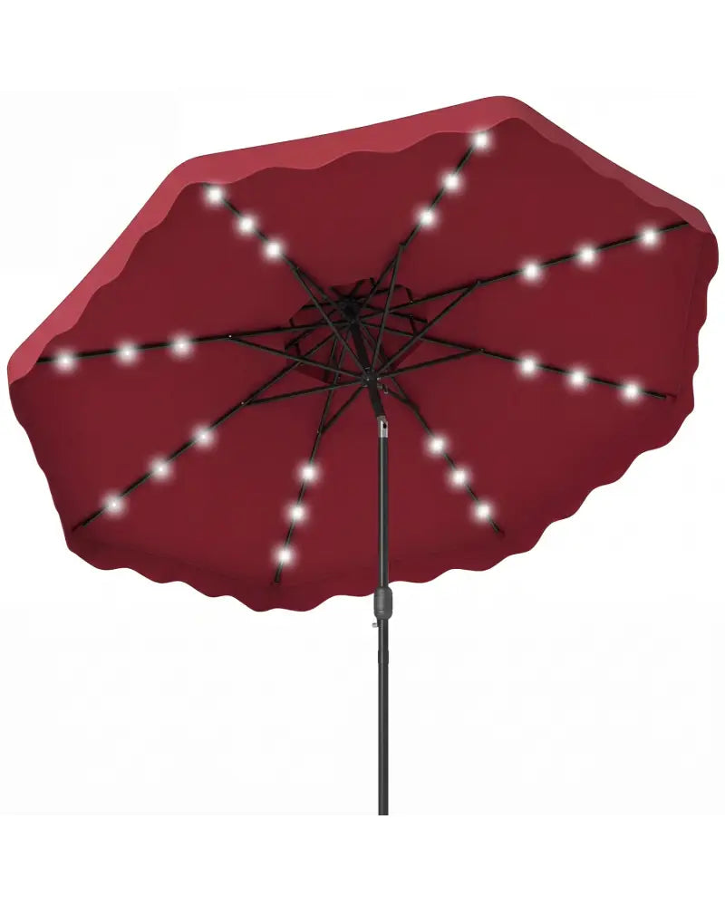 9 FT Solar LED Patio Umbrella Push-Button Tilt and Crank 24 LED Lights and 8 Ribs-Red - Red - Outdoor Umbrellas