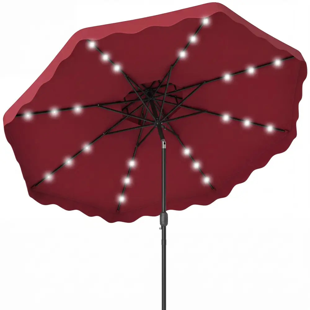 9 FT Solar LED Patio Umbrella Push-Button Tilt and Crank 24 LED Lights and 8 Ribs-Red - Red - Outdoor Umbrellas