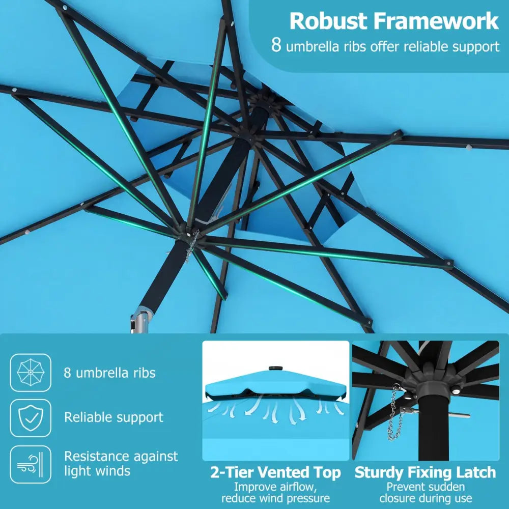 9 FT Solar LED Patio Umbrella Push-Button Tilt and Crank 24 LED Lights and 8 Ribs-Turquoise - Turquoise - Outdoor