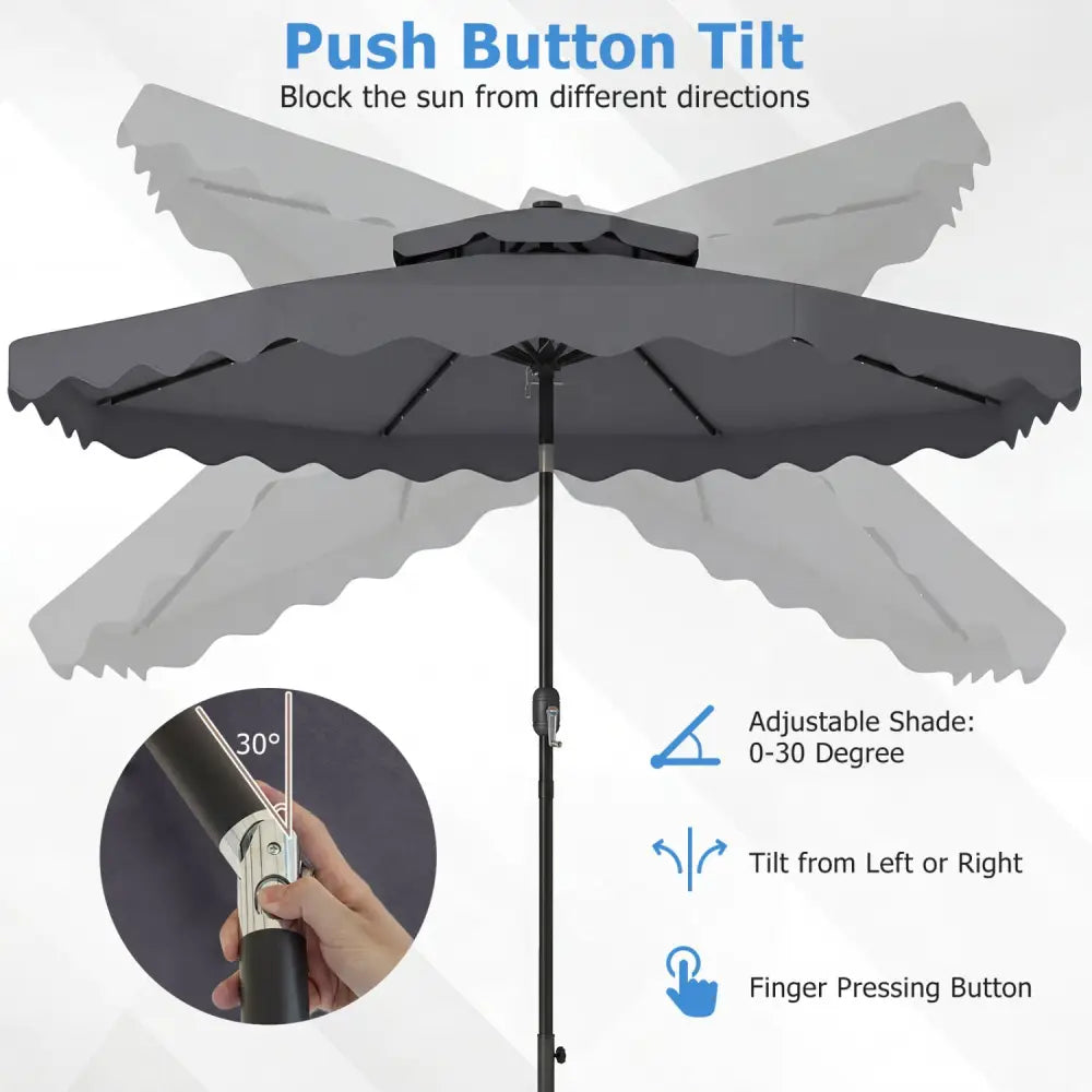 9 FT Solar LED Patio Umbrella Push-Button Tilt and Crank 24 LED Lights and 8 Ribs-Gray - Gray - Outdoor Umbrellas