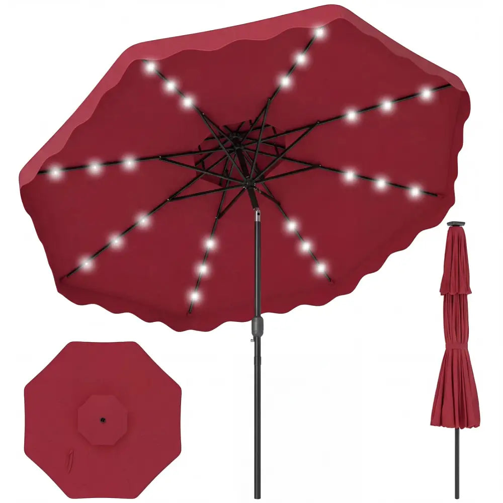 9 FT Solar LED Patio Umbrella Push-Button Tilt and Crank 24 LED Lights and 8 Ribs-Red - Red - Outdoor Umbrellas
