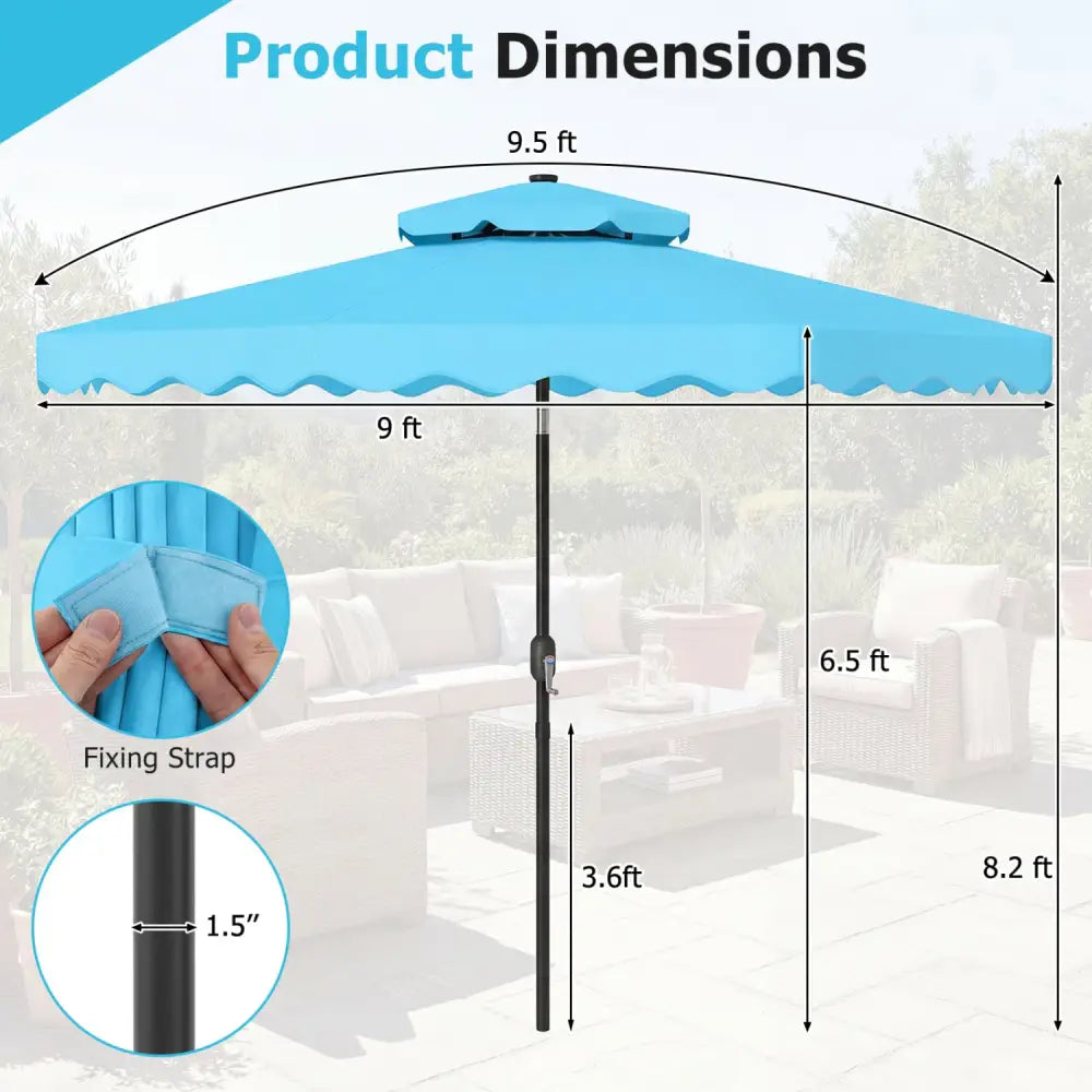 9 FT Solar LED Patio Umbrella Push-Button Tilt and Crank 24 LED Lights and 8 Ribs-Turquoise - Turquoise - Outdoor