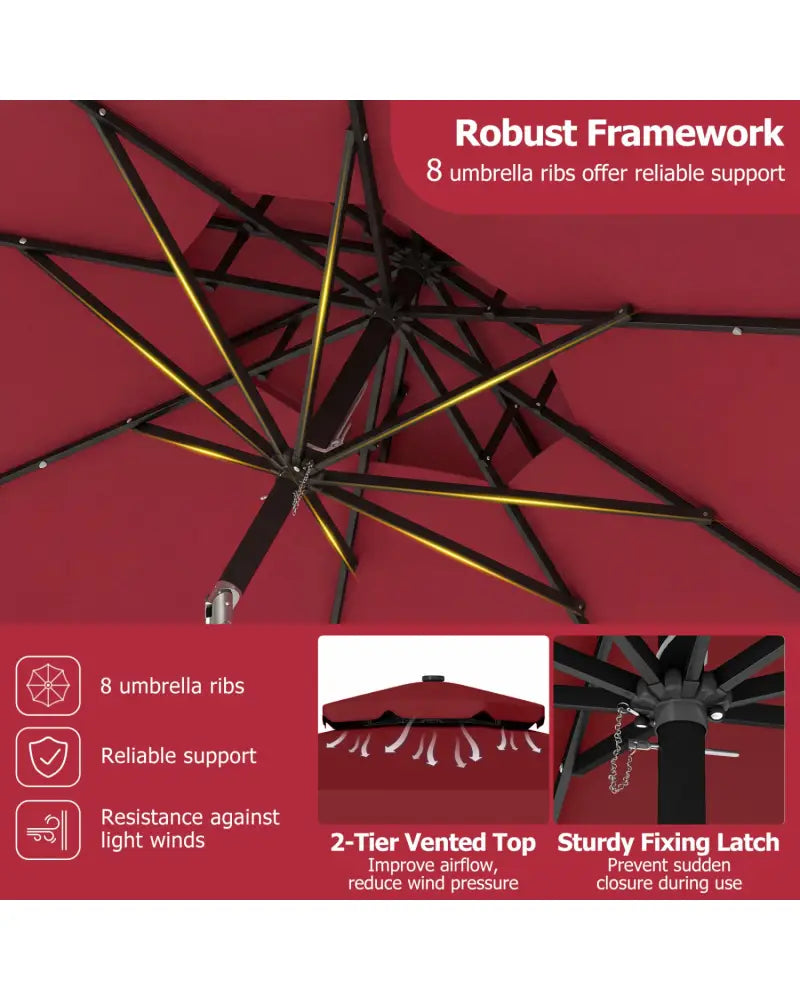 9 FT Solar LED Patio Umbrella Push-Button Tilt and Crank 24 LED Lights and 8 Ribs-Red - Red - Outdoor Umbrellas