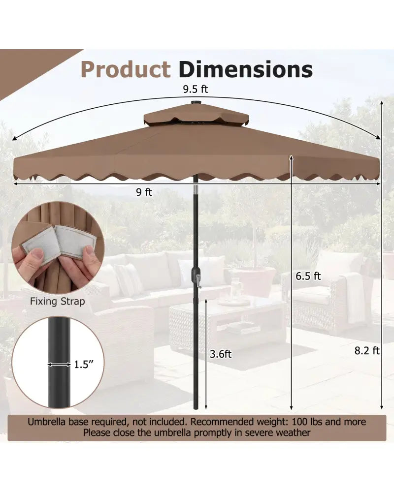 9 FT Solar LED Patio Umbrella Push-Button Tilt and Crank 24 LED Lights and 8 Ribs-Brown - Brown - Outdoor Umbrellas