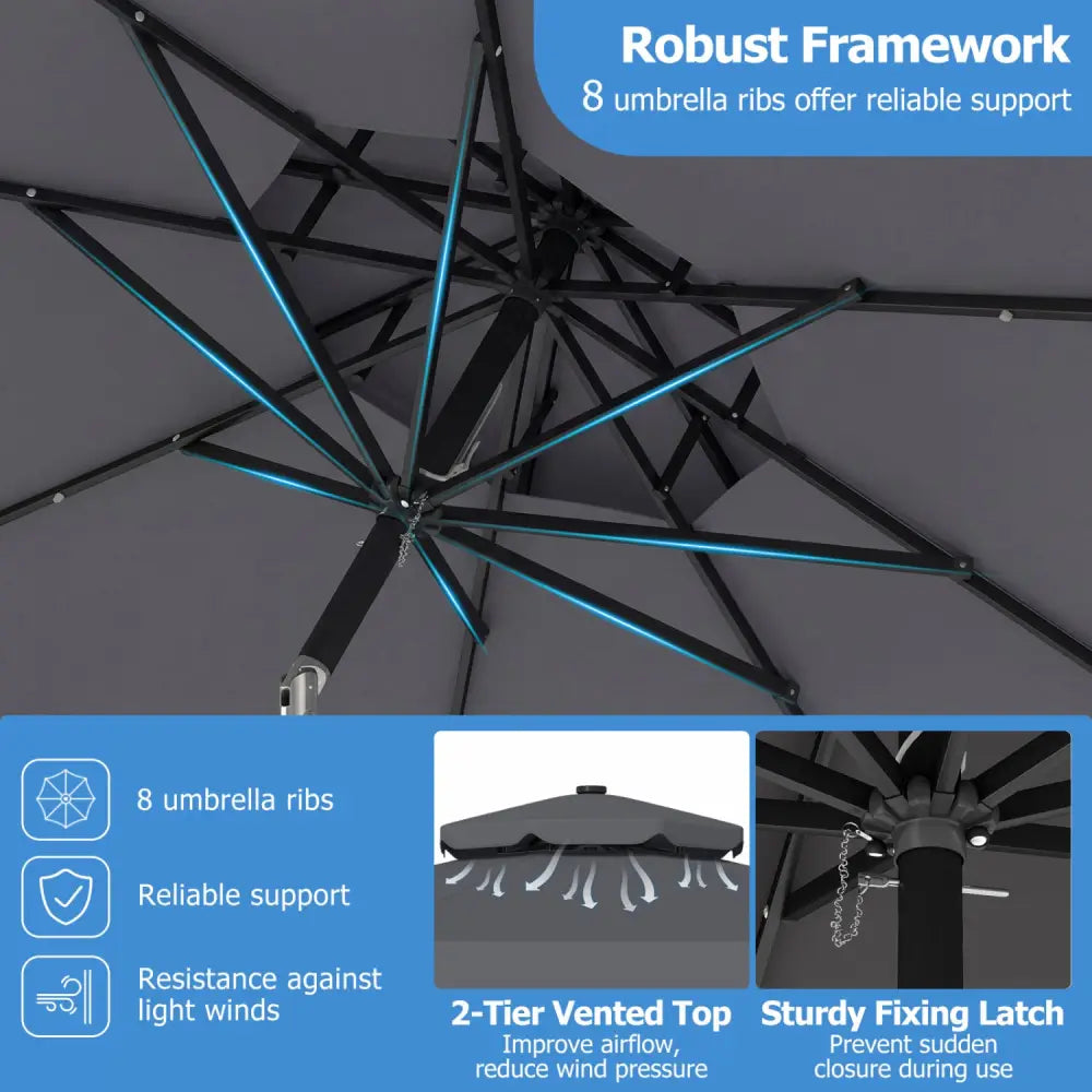 9 FT Solar LED Patio Umbrella Push-Button Tilt and Crank 24 LED Lights and 8 Ribs-Gray - Gray - Outdoor Umbrellas
