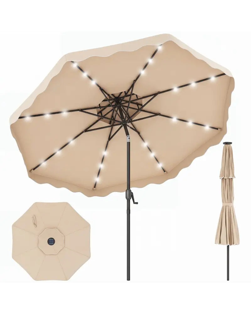 9 FT Solar LED Patio Umbrella Push-Button Tilt and Crank 24 LED Lights and 8 Ribs-Beige - Beige - Outdoor Umbrellas