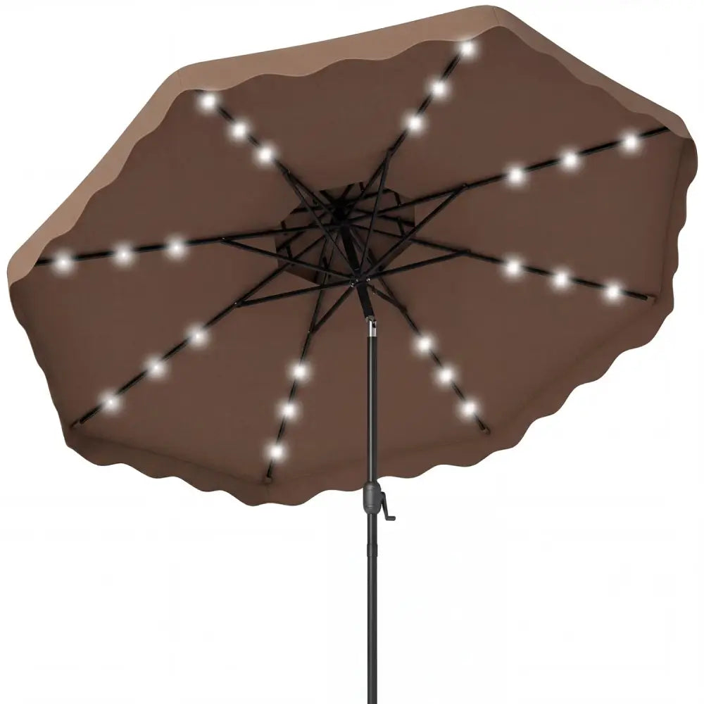 9 FT Solar LED Patio Umbrella Push-Button Tilt and Crank 24 LED Lights and 8 Ribs-Brown - Brown - Outdoor Umbrellas