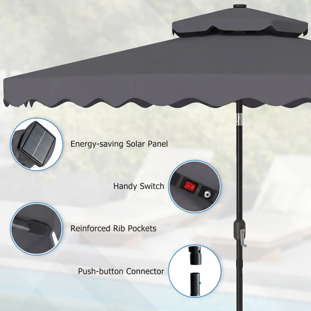 9 FT Solar LED Patio Umbrella Push-Button Tilt and Crank 24 LED Lights and 8 Ribs-Gray - Gray - Outdoor Umbrellas