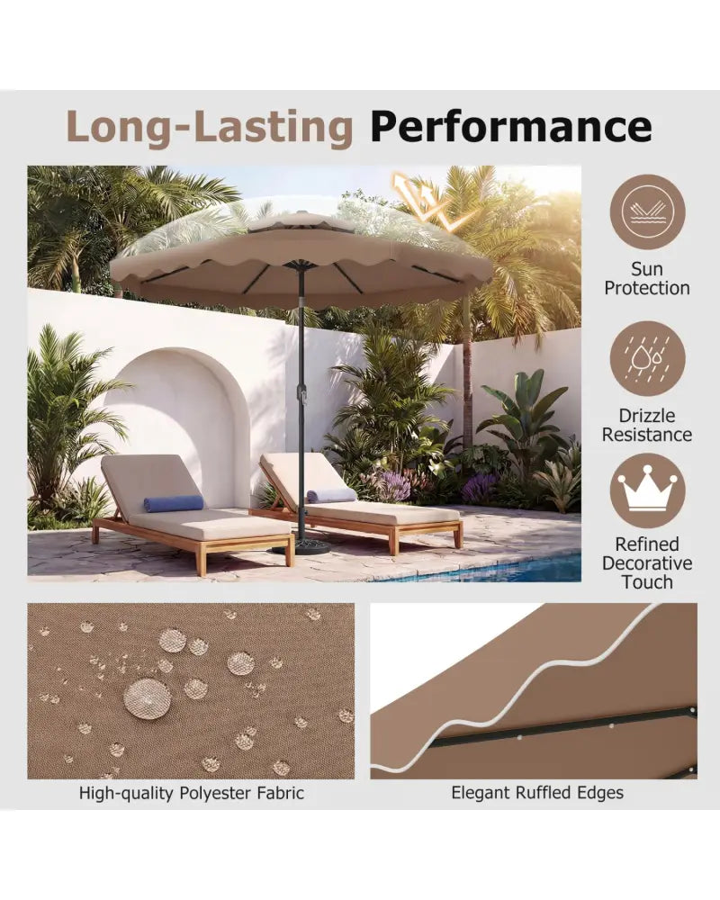 9 FT Solar LED Patio Umbrella Push-Button Tilt and Crank 24 LED Lights and 8 Ribs-Brown - Brown - Outdoor Umbrellas