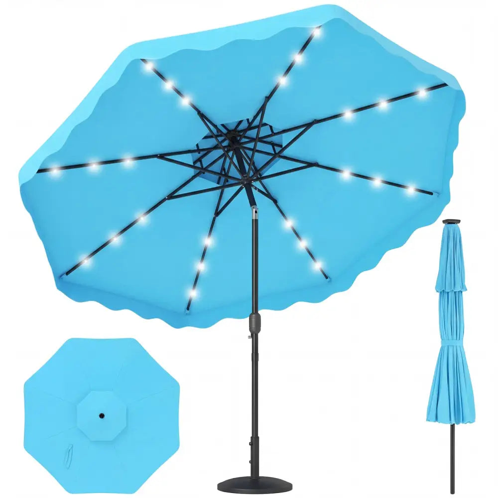 9 FT Solar LED Patio Umbrella Push-Button Tilt and Crank 24 LED Lights and 8 Ribs-Turquoise - Turquoise - Outdoor
