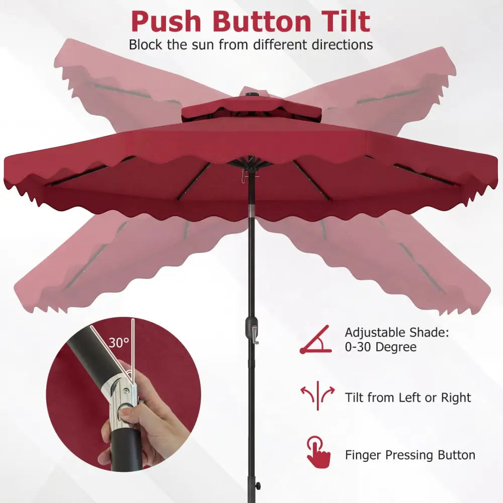 9 FT Solar LED Patio Umbrella Push-Button Tilt and Crank 24 LED Lights and 8 Ribs-Red - Red - Outdoor Umbrellas