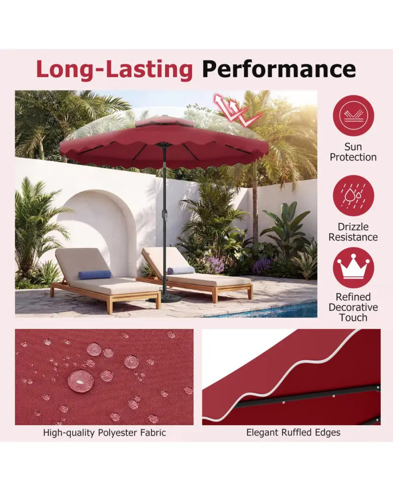 9 FT Solar LED Patio Umbrella Push-Button Tilt and Crank 24 LED Lights and 8 Ribs-Red - Red - Outdoor Umbrellas