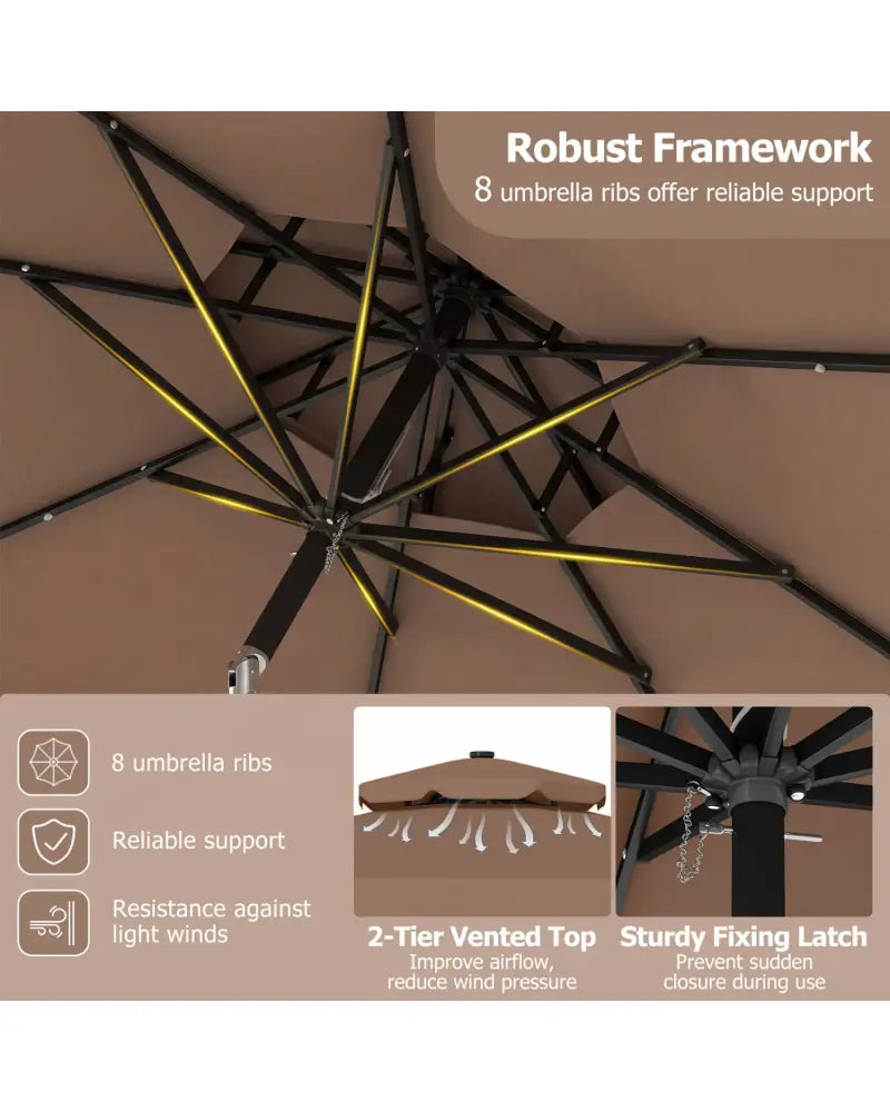 9 FT Solar LED Patio Umbrella Push-Button Tilt and Crank 24 LED Lights and 8 Ribs-Brown - Brown - Outdoor Umbrellas