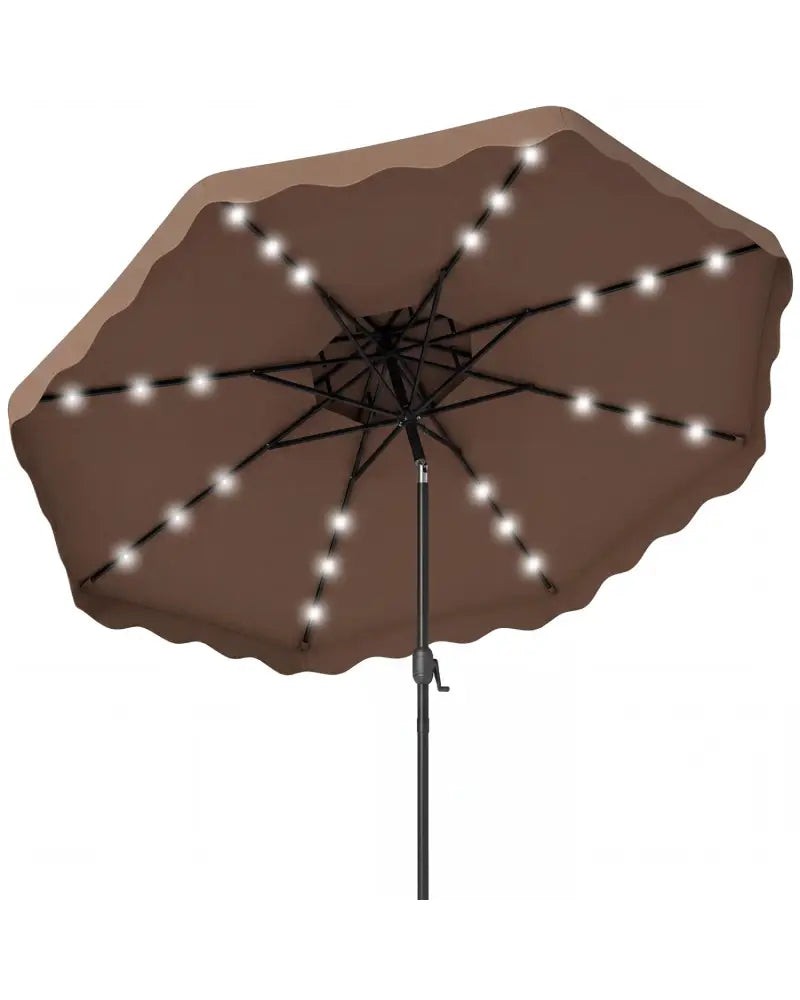 9 FT Solar LED Patio Umbrella Push-Button Tilt and Crank 24 LED Lights and 8 Ribs-Brown - Brown - Outdoor Umbrellas