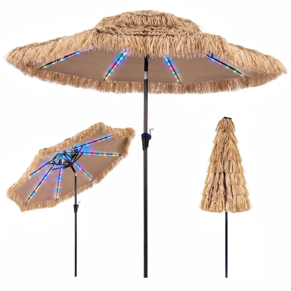 9 FT Solar Thatched Tiki Umbrella with 96 Multi-colored Flowing Lights and 12 Modes-Beige - Beige - Outdoor Umbrellas