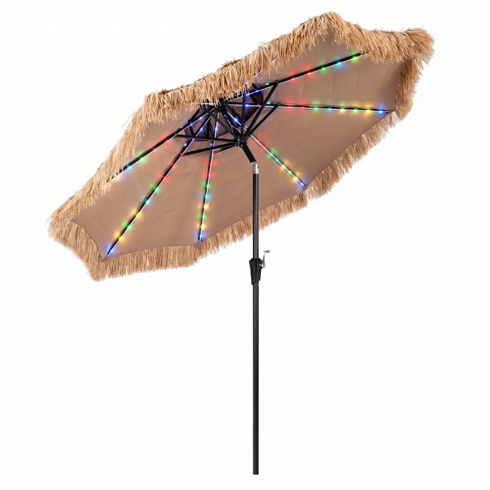 9 FT Solar Thatched Tiki Umbrella with 96 Multi-colored Flowing Lights and 12 Modes-Beige - Beige - Outdoor Umbrellas