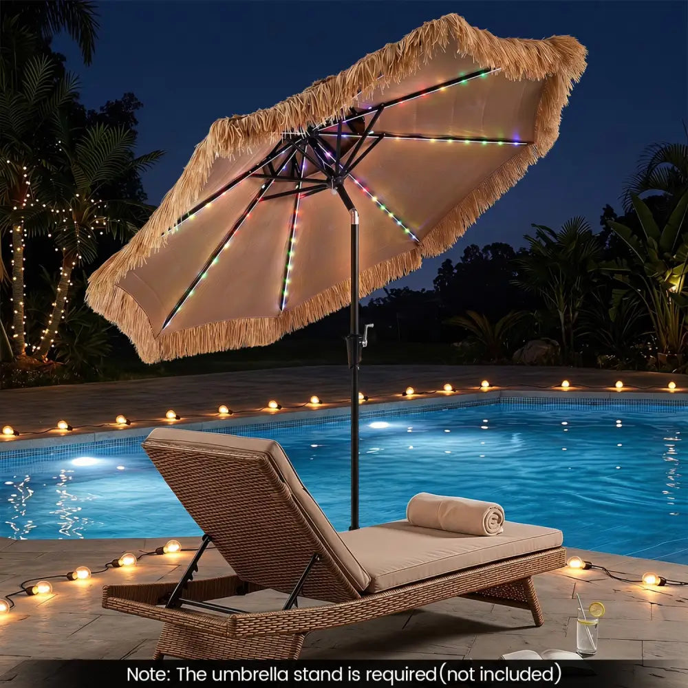 9 FT Solar Thatched Tiki Umbrella with 96 Multi-colored Flowing Lights and 12 Modes-Beige - Beige - Outdoor Umbrellas