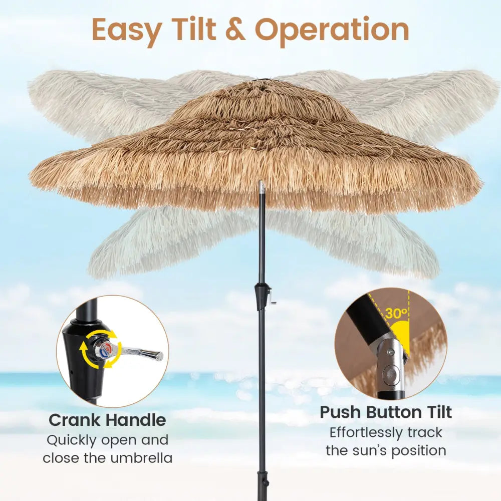 9 FT Solar Thatched Tiki Umbrella with 96 Multi-colored Flowing Lights and 12 Modes-Beige - Beige - Outdoor Umbrellas