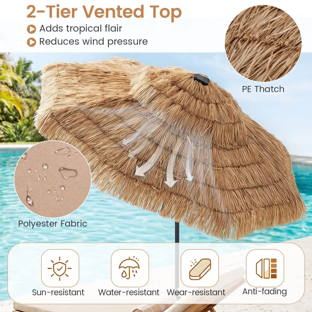 9 FT Solar Thatched Tiki Umbrella with 96 Multi-colored Flowing Lights and 12 Modes-Beige - Beige - Outdoor Umbrellas