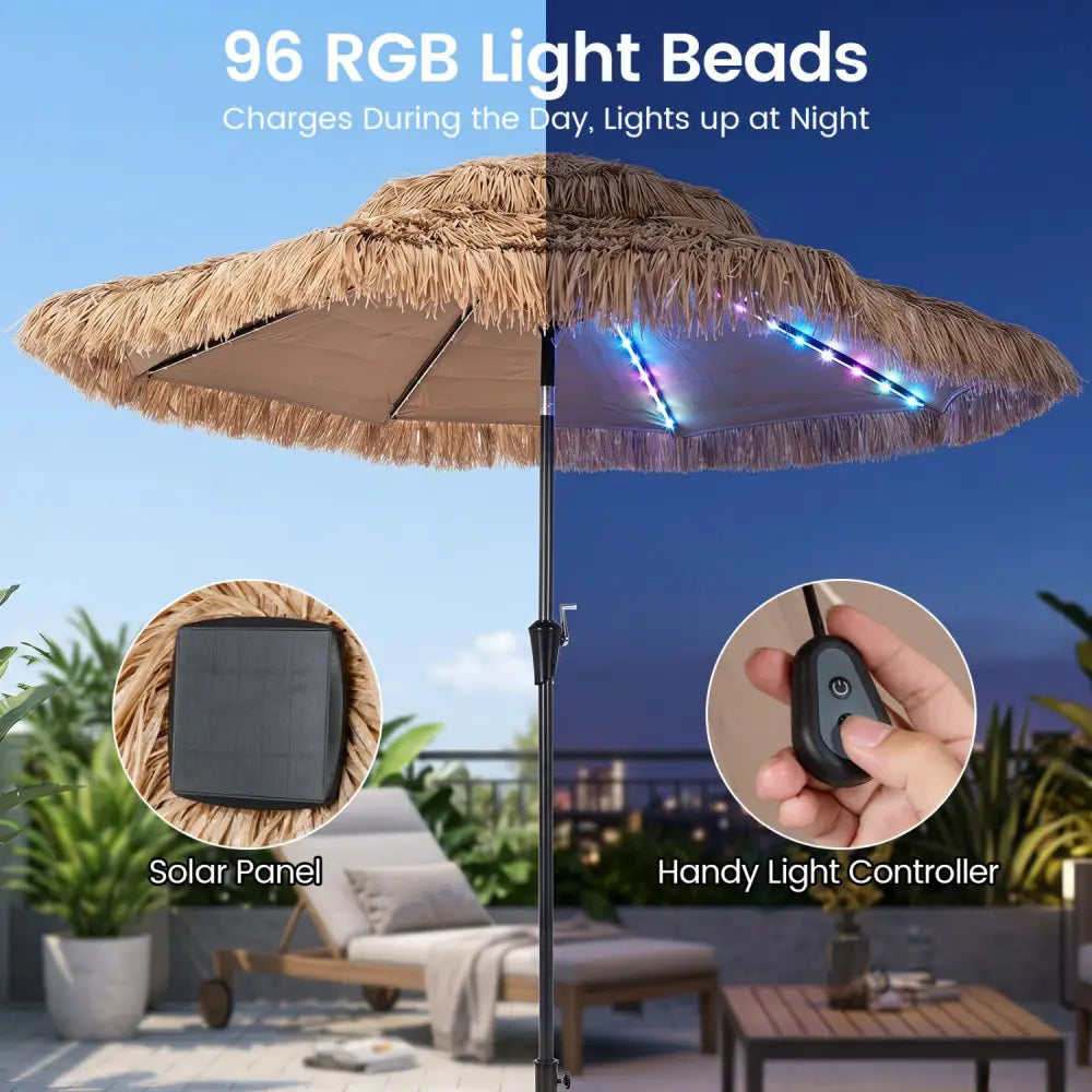 9 FT Solar Thatched Tiki Umbrella with 96 Multi-colored Flowing Lights and 12 Modes-Beige - Beige - Outdoor Umbrellas