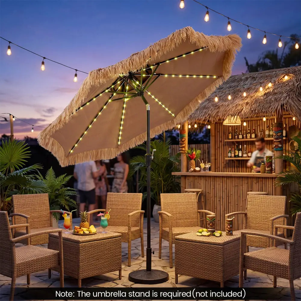 9 FT Solar Thatched Tiki Umbrella with 96 Multi-colored Flowing Lights and 12 Modes-Beige - Beige - Outdoor Umbrellas