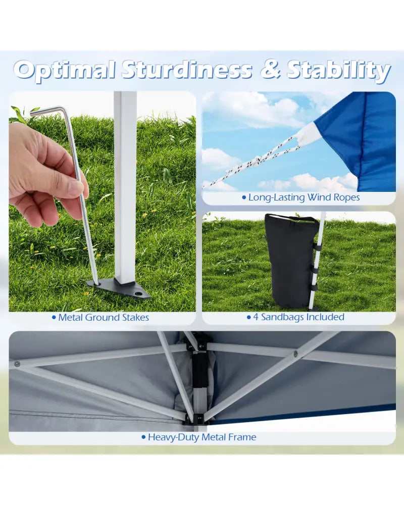 9 ft x 9 ft Pop Up Canopy Tent with 8 Ground Stakes 4 Wind Ropes and Carry Bag for Outdoor Party-Blue - Blue - Canopies