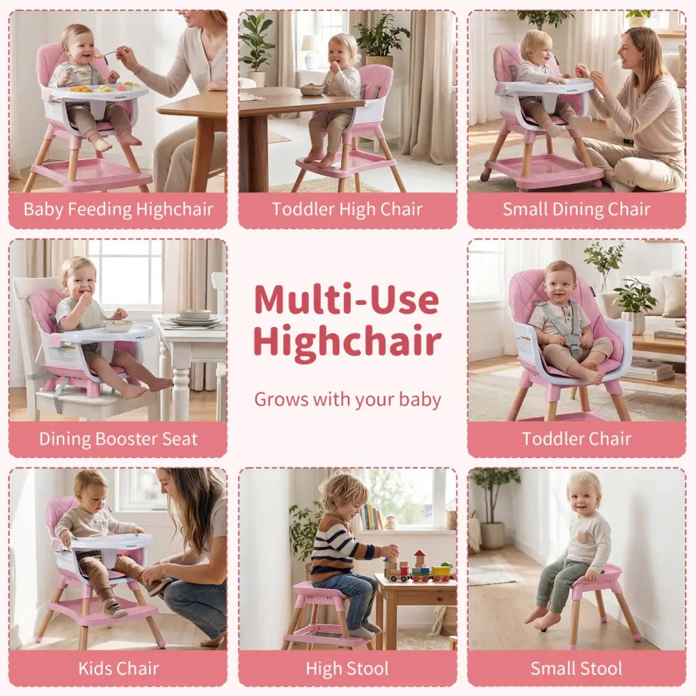 9-in-1 Convertible High Chair for Babies and Toddlers with Seat Cushion-Pink - Pink - High Chairs