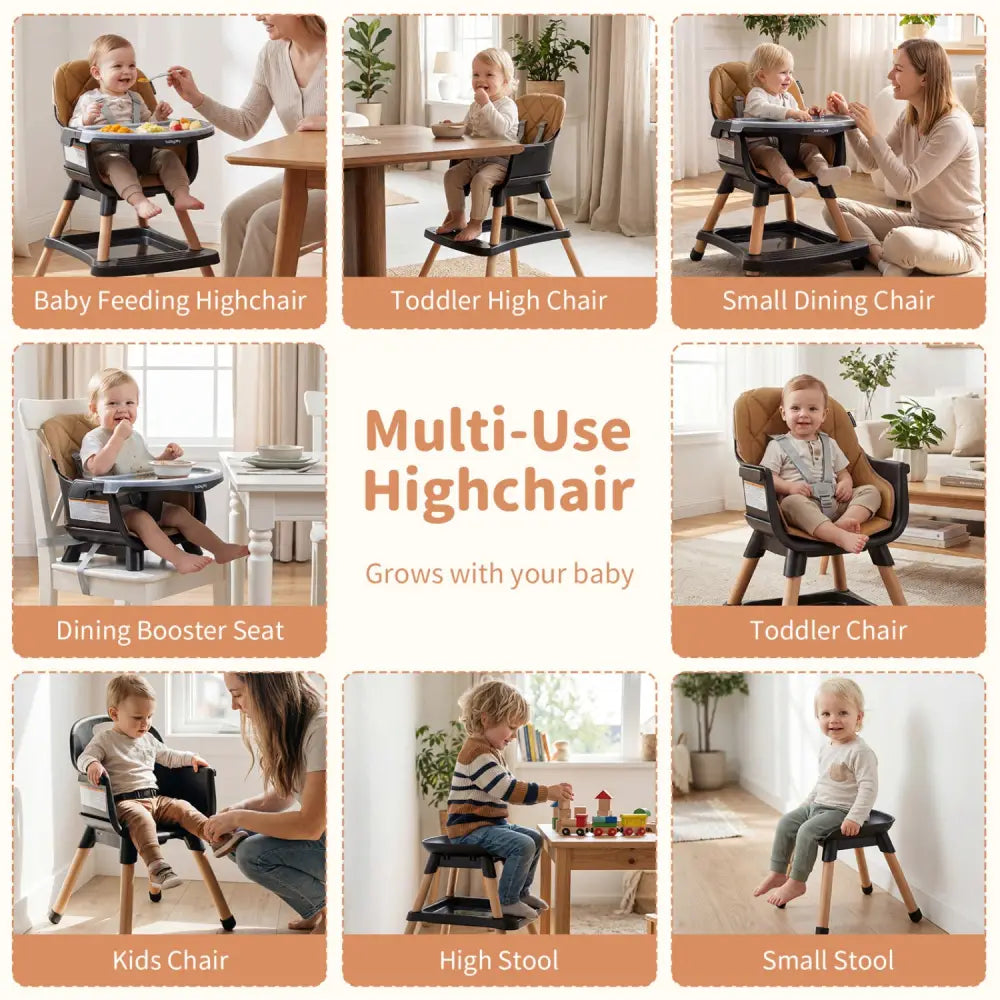 9-in-1 Convertible High Chair for Babies and Toddlers with Seat Cushion-Black - Black & Brown - High Chairs