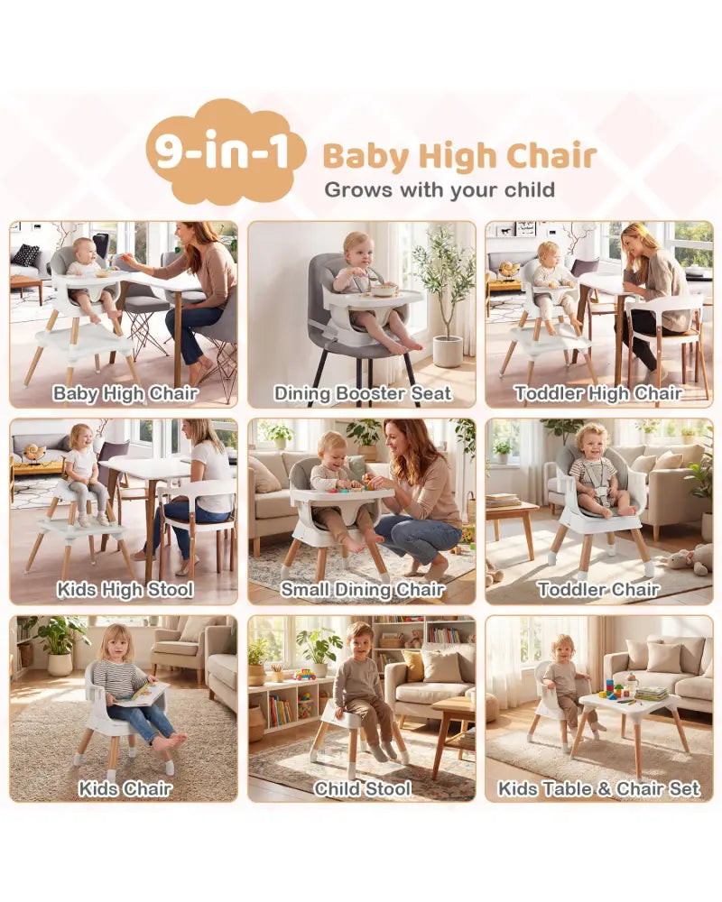 9-in-1 Convertible High Chair with Solid Wood Legs for Babies and Toddlers-White - White - High Chairs