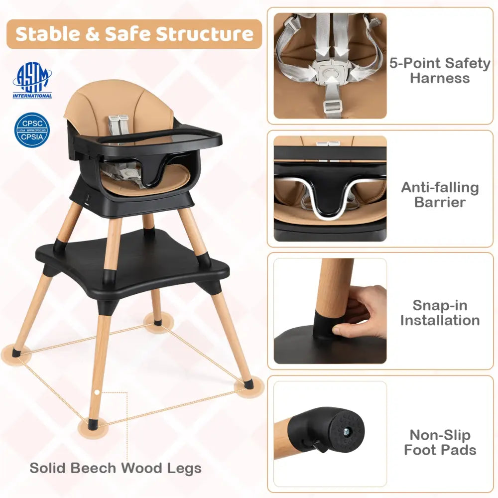 9-in-1 Convertible High Chair with Solid Wood Legs for Babies and Toddlers-Black - Black - High Chairs