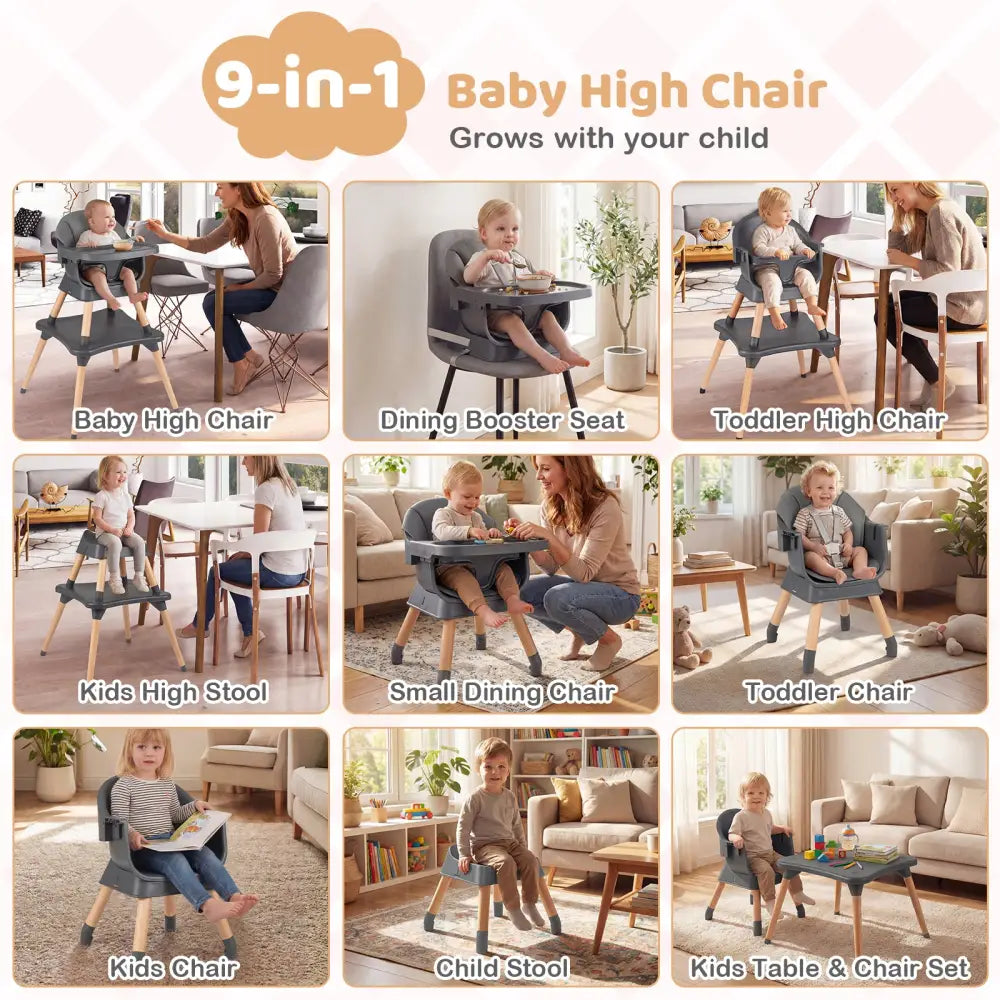 9-in-1 Convertible High Chair with Solid Wood Legs for Babies and Toddlers-Gray - Gray - High Chairs