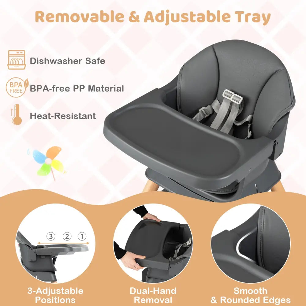 9-in-1 Convertible High Chair with Solid Wood Legs for Babies and Toddlers-Gray - Gray - High Chairs