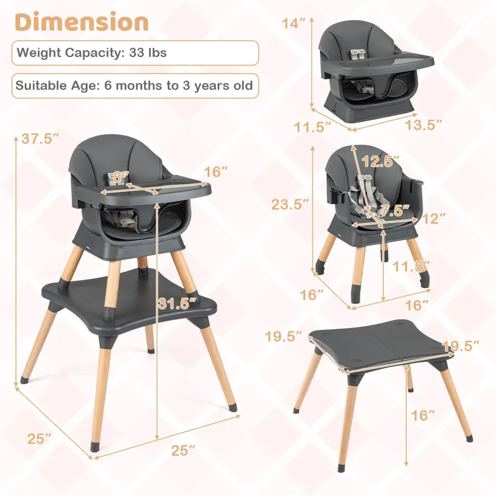 9-in-1 Convertible High Chair with Solid Wood Legs for Babies and Toddlers-Gray - Gray - High Chairs
