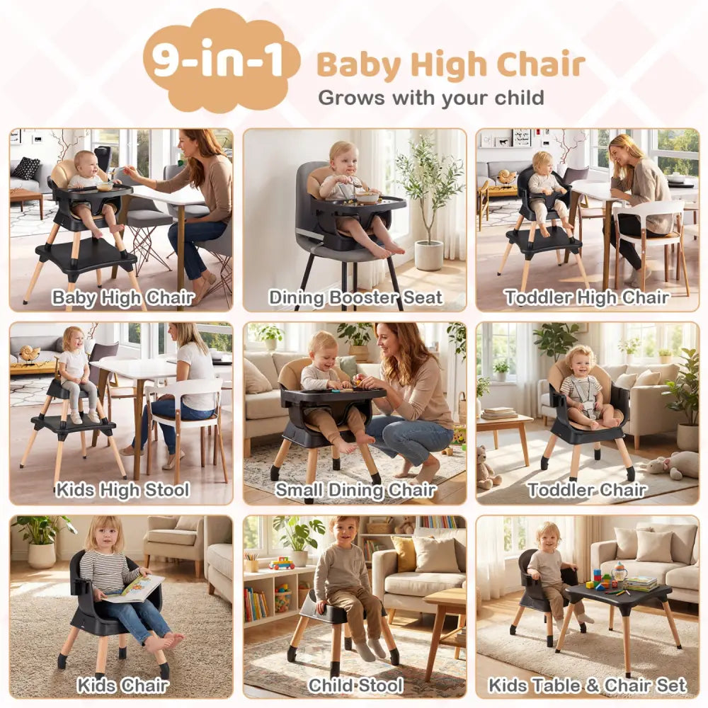 9-in-1 Convertible High Chair with Solid Wood Legs for Babies and Toddlers-Black - Black - High Chairs