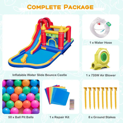 9-in-1 Inflatable Bounce Castle with Water Slide and Splash Pool with 735W Blower - Multicolor - Inflatable Water Slides
