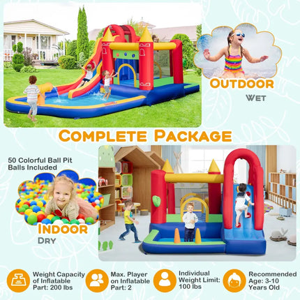 9-in-1 Inflatable Bounce Castle with Water Slide and Splash Pool with 735W Blower - Multicolor - Inflatable Water Slides