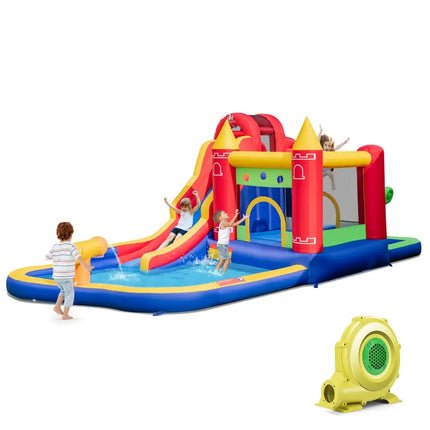 9-in-1 Inflatable Bounce Castle with Water Slide and Splash Pool with 735W Blower - Multicolor - Inflatable Water Slides