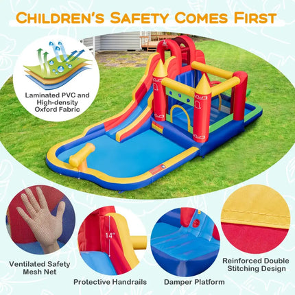 9-in-1 Inflatable Bounce Castle with Water Slide and Splash Pool with 735W Blower - Multicolor - Inflatable Water Slides