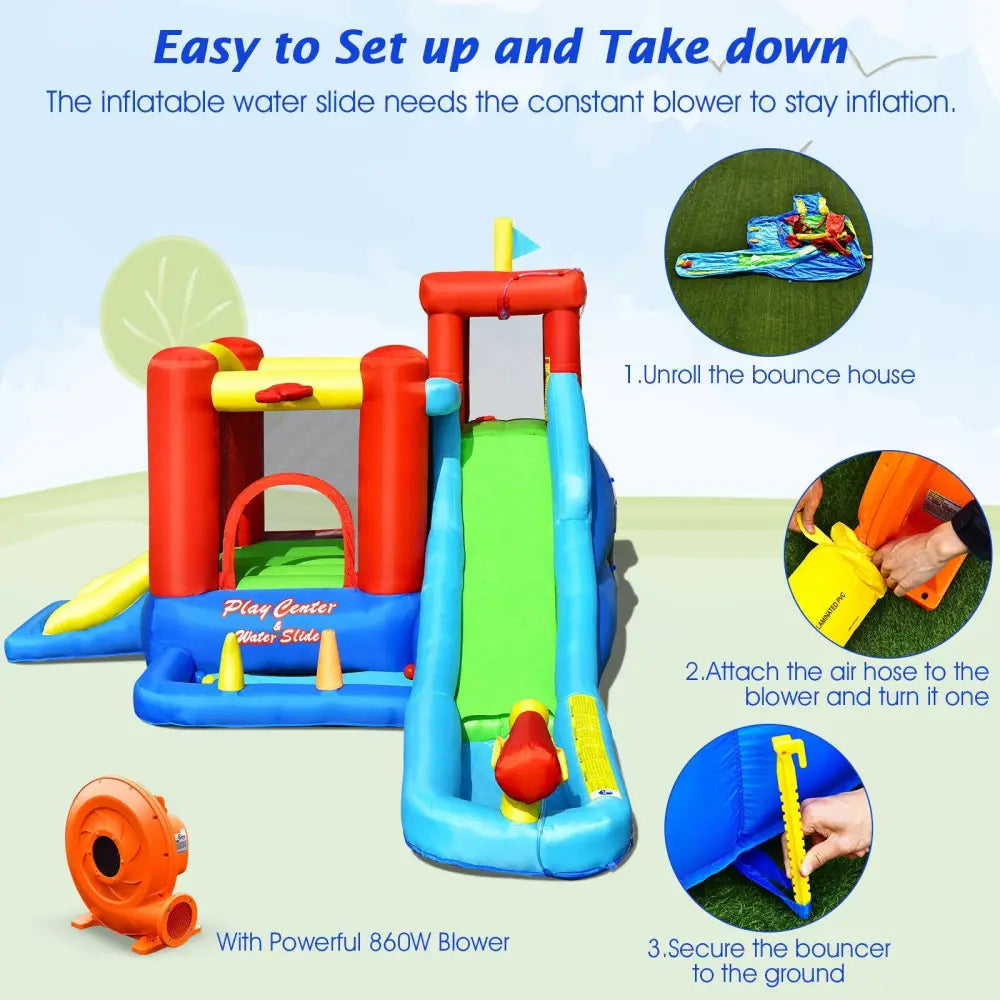 9-in-1 Inflatable Kids Water Slide Bounce House with 860W Blower - Inflatable Water Slides