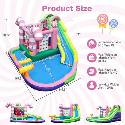 9-in-1 Inflatable Sweet Candy Water Slide Park with 680W Blower - Pink - Inflatable Water Slides