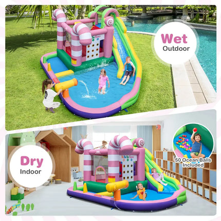 9-in-1 Inflatable Sweet Candy Water Slide Park with 680W Blower - Pink - Inflatable Water Slides