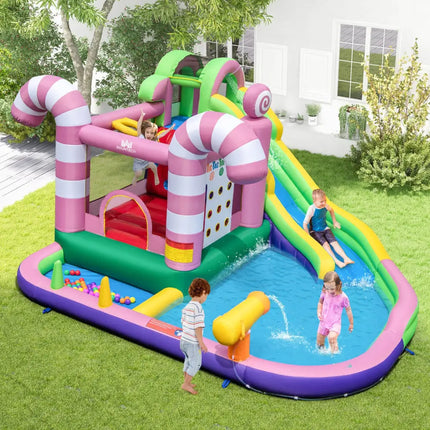 9-in-1 Inflatable Sweet Candy Water Slide Park with 680W Blower - Pink - Inflatable Water Slides